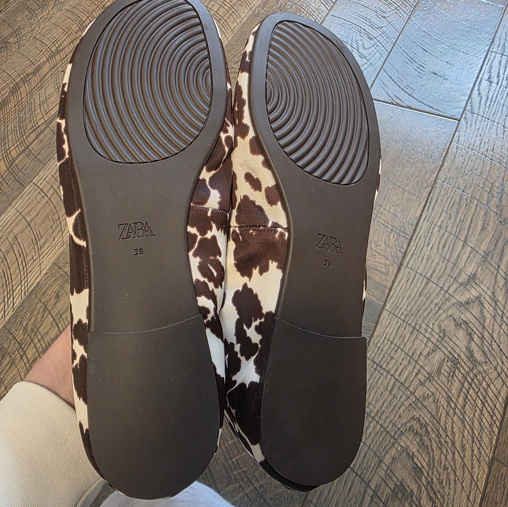NWT Zara Satin Cow Animal Print Fabric Ballet Flats in Beige/Brown 7.5,  8 - Picture 6 of 7